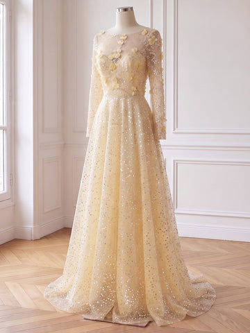 3D Floral Sequin Tulle Prom Dresses Yellow Round Neck Sheer Long Sleeve Floor Length