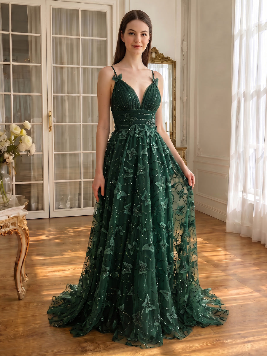 3D Butterfly Sequin Tulle Prom Dresses Floor Length Deep V Spaghetti Straps Dark Green