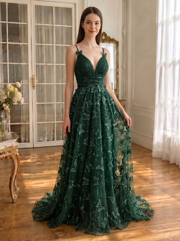 3D Butterfly Sequin Tulle Prom Dresses Floor Length Deep V Spaghetti Straps Dark Green