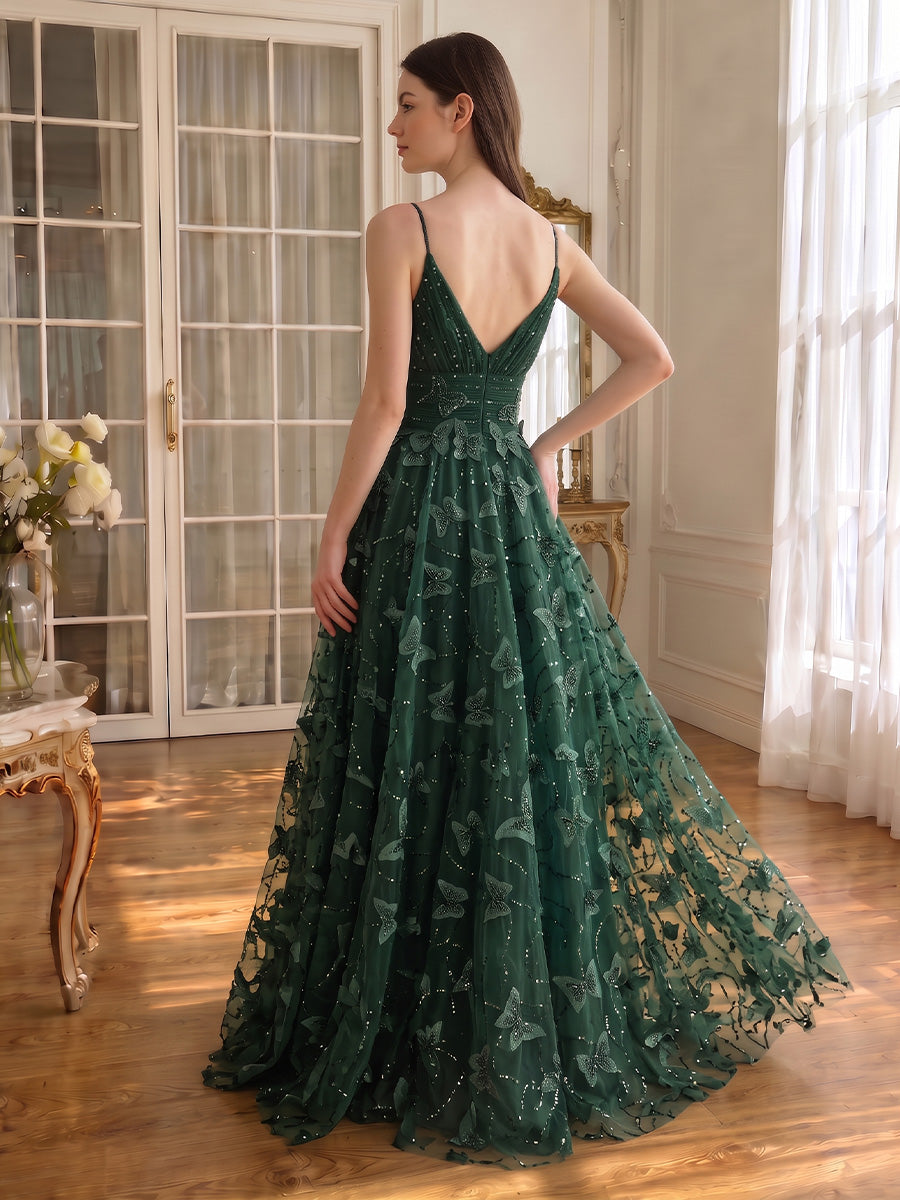 3D Butterfly Sequin Tulle Prom Dresses Floor Length Deep V Spaghetti Straps Dark Green