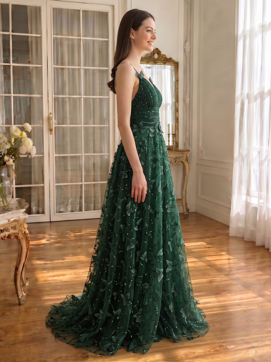 3D Butterfly Sequin Tulle Prom Dresses Floor Length Deep V Spaghetti Straps Dark Green