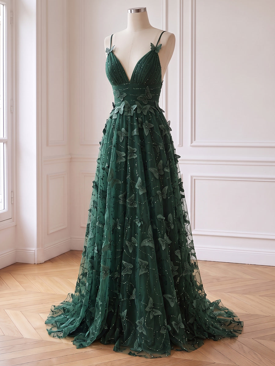 3D Butterfly Sequin Tulle Prom Dresses Floor Length Deep V Spaghetti Straps Dark Green