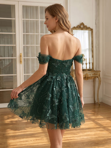 3D Butterfly Sequin Tulle Prom Dresses Mini Off Shoulder Ruched Dark Green