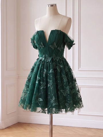 3D Butterfly Sequin Tulle Prom Dresses Mini Off Shoulder Ruched Dark Green