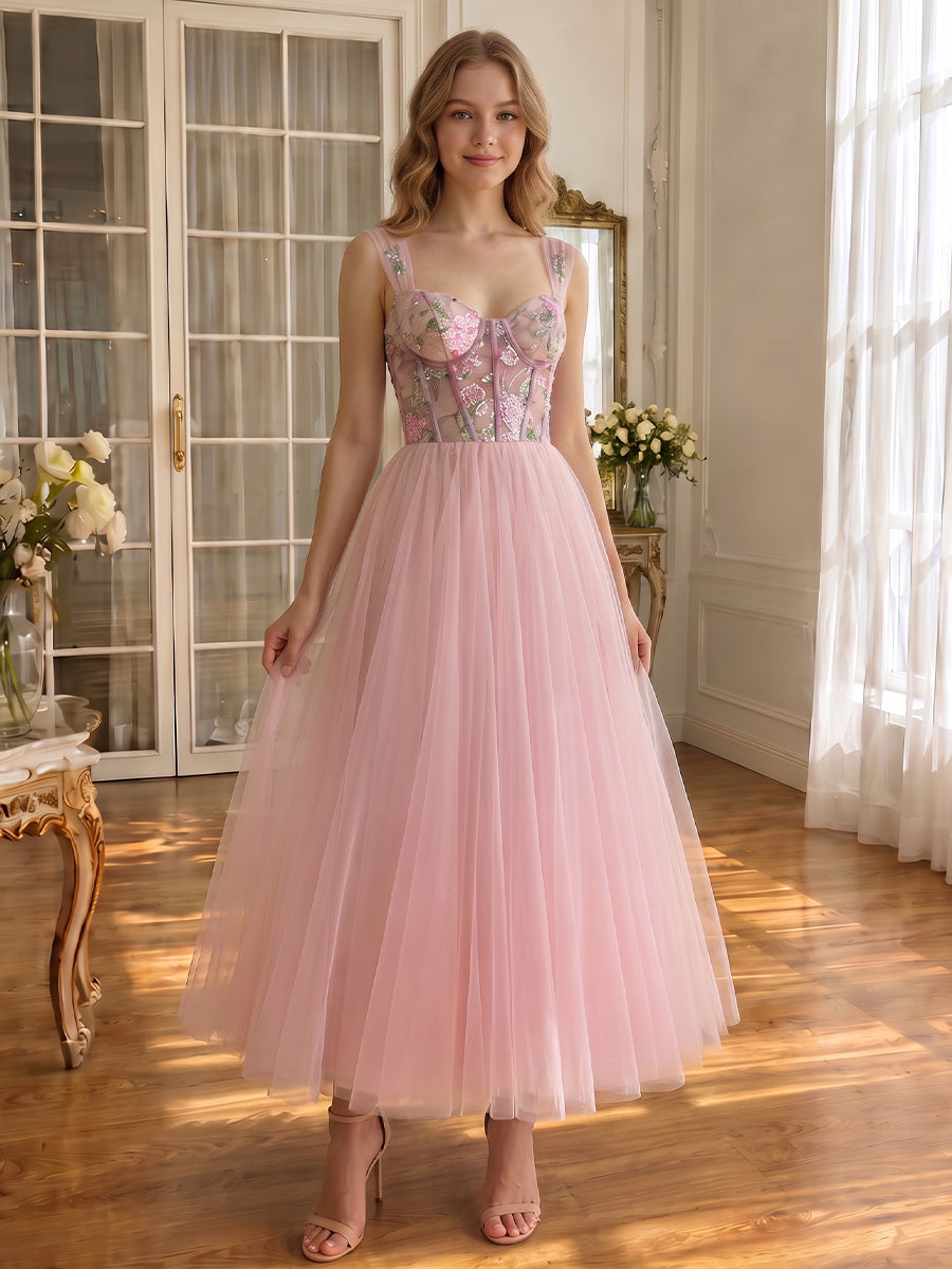 Floral Embroidery Pink Tulle Midi Prom Dresses Sleeveless Corset Bodice Sweetheart