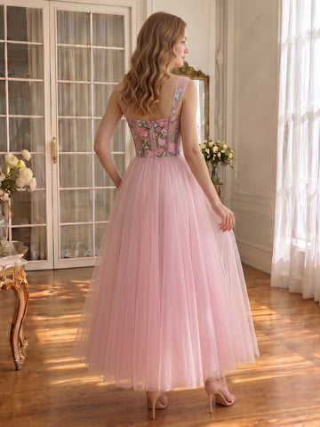 Floral Embroidery Pink Tulle Midi Prom Dresses Sleeveless Corset Bodice Sweetheart