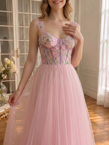 Floral Embroidery Pink Tulle Midi Prom Dresses Sleeveless Corset Bodice Sweetheart