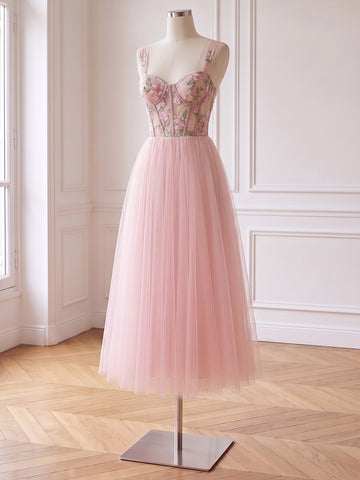 Floral Embroidery Pink Tulle Midi Prom Dresses Sleeveless Corset Bodice Sweetheart