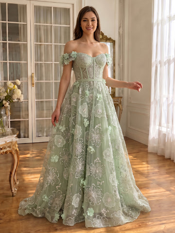 3D Floral Embroidered Corset Prom Dresses Floor Length Off Shoulder Sage Green