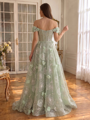 3D Floral Embroidered Corset Prom Dresses Floor Length Off Shoulder Sage Green