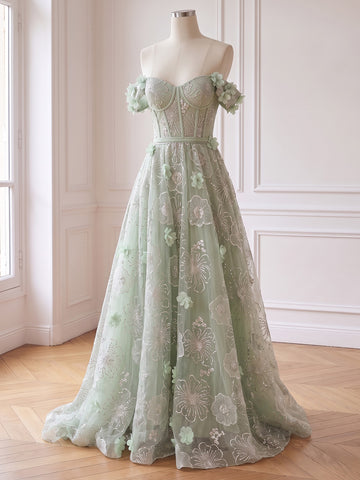 3D Floral Embroidered Corset Prom Dresses Floor Length Off Shoulder Sage Green