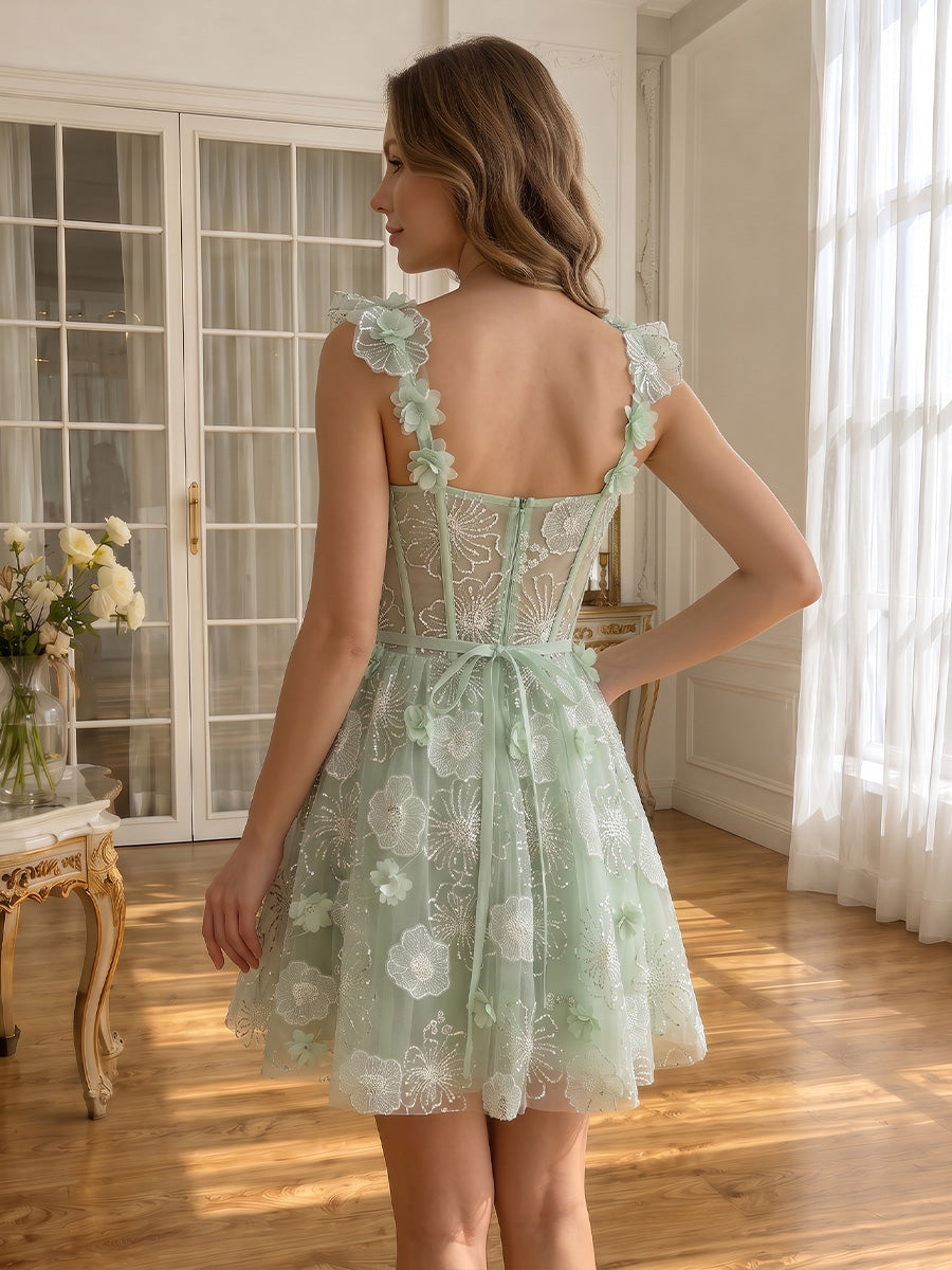 3D Floral Short Prom Dresses With Bow Sweetheart Corset Sage Green