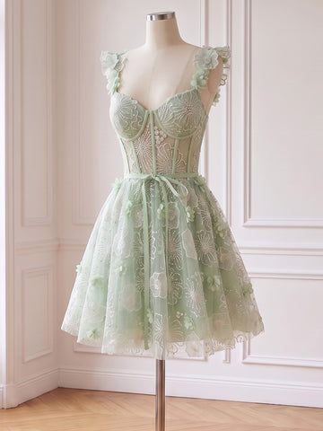 3D Floral Short Prom Dresses With Bow Sweetheart Corset Sage Green