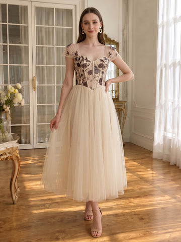 Butterfly Embroidery Tulle Midi Prom Dresses Sweetheart Cap Sleeve Corset