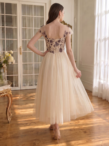 Butterfly Embroidery Tulle Midi Prom Dresses Sweetheart Cap Sleeve Corset