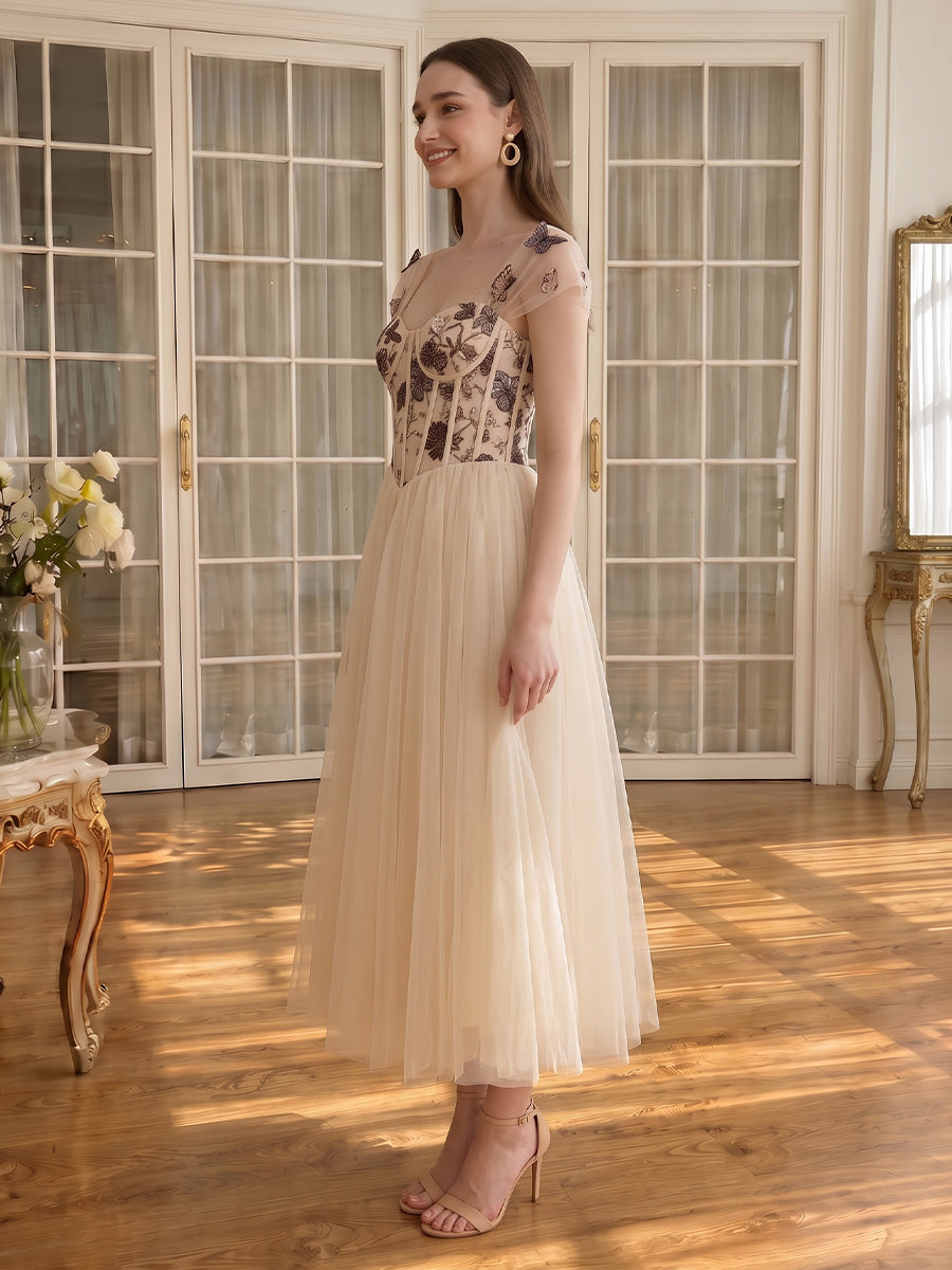 Butterfly Embroidery Tulle Midi Prom Dresses Sweetheart Cap Sleeve Corset