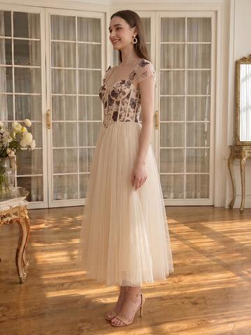 Butterfly Embroidery Tulle Midi Prom Dresses Sweetheart Cap Sleeve Corset