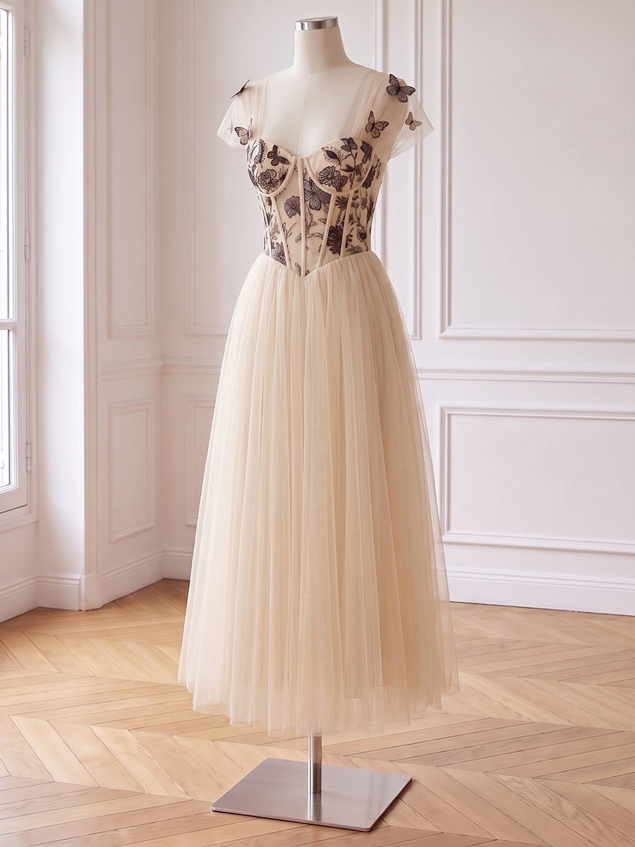 Butterfly Embroidery Tulle Midi Prom Dresses Sweetheart Cap Sleeve Corset