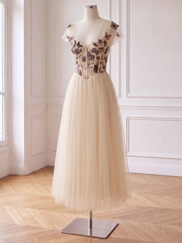 Butterfly Embroidery Tulle Midi Prom Dresses Sweetheart Cap Sleeve Corset
