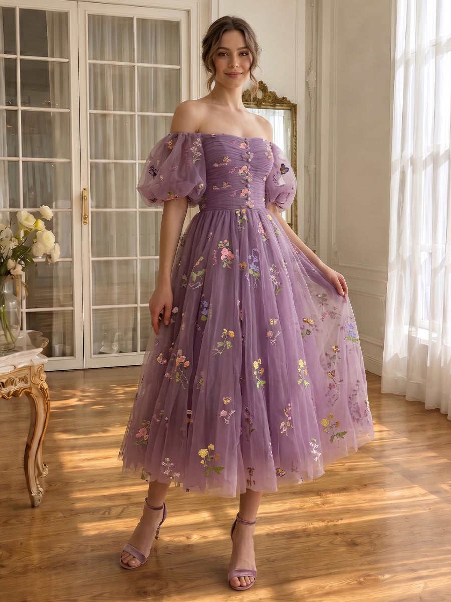 A Line Prom Dresses Tulle Purple Floral Embroidered Midi Off Shouler Puffy Sleeves