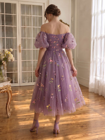 A Line Prom Dresses Tulle Purple Floral Embroidered Midi Off Shouler Puffy Sleeves