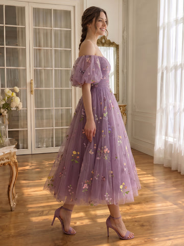 A Line Prom Dresses Tulle Purple Floral Embroidered Midi Off Shouler Puffy Sleeves