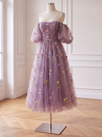 A Line Prom Dresses Tulle Purple Floral Embroidered Midi Off Shouler Puffy Sleeves