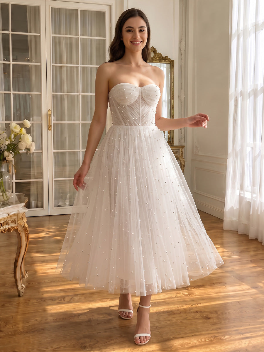 White Pearl Beaded Tulle Midi Prom Dresses Pleated Bodice Strapless Sweetheart