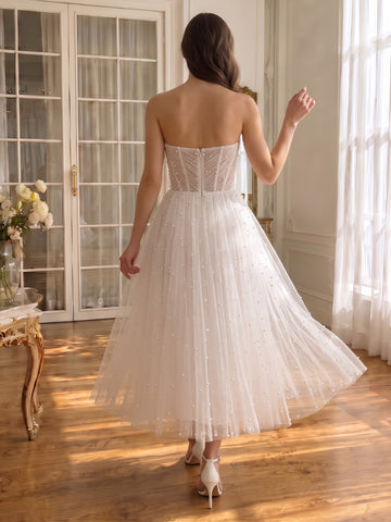 White Pearl Beaded Tulle Midi Prom Dresses Pleated Bodice Strapless Sweetheart