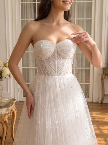 White Pearl Beaded Tulle Midi Prom Dresses Pleated Bodice Strapless Sweetheart