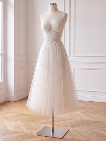 White Pearl Beaded Tulle Midi Prom Dresses Pleated Bodice Strapless Sweetheart