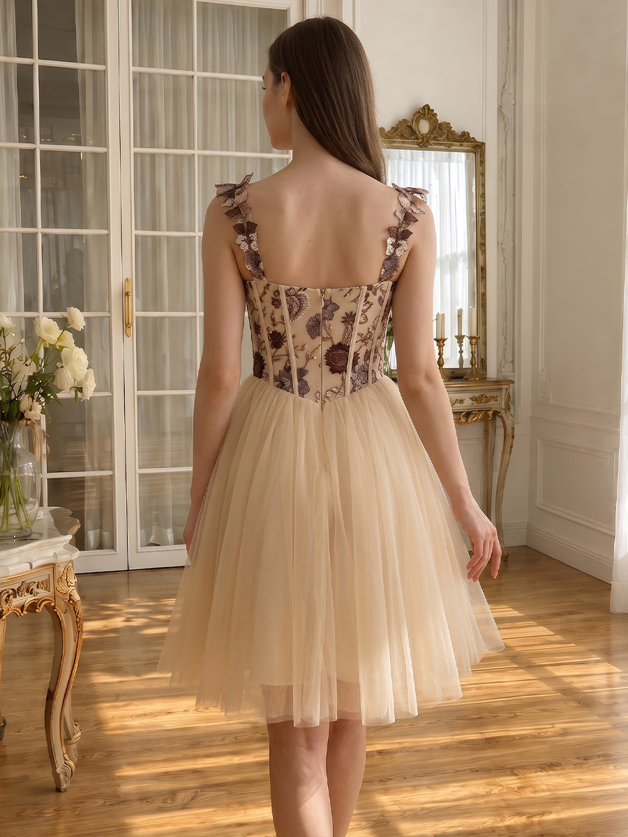 Butterfly Embroidery Tulle Mini Prom Dresses Sweetheart Neck Corset