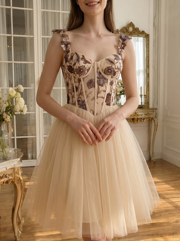 Butterfly Embroidery Tulle Mini Prom Dresses Sweetheart Neck Corset