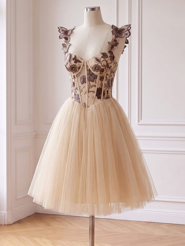 Butterfly Embroidery Tulle Mini Prom Dresses Sweetheart Neck Corset