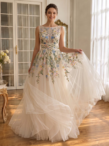Ivory Prom Dresses Floral Embroidery Sleeveless Boat Neck Tulle A Line Long Formal Gowns for Wedding
