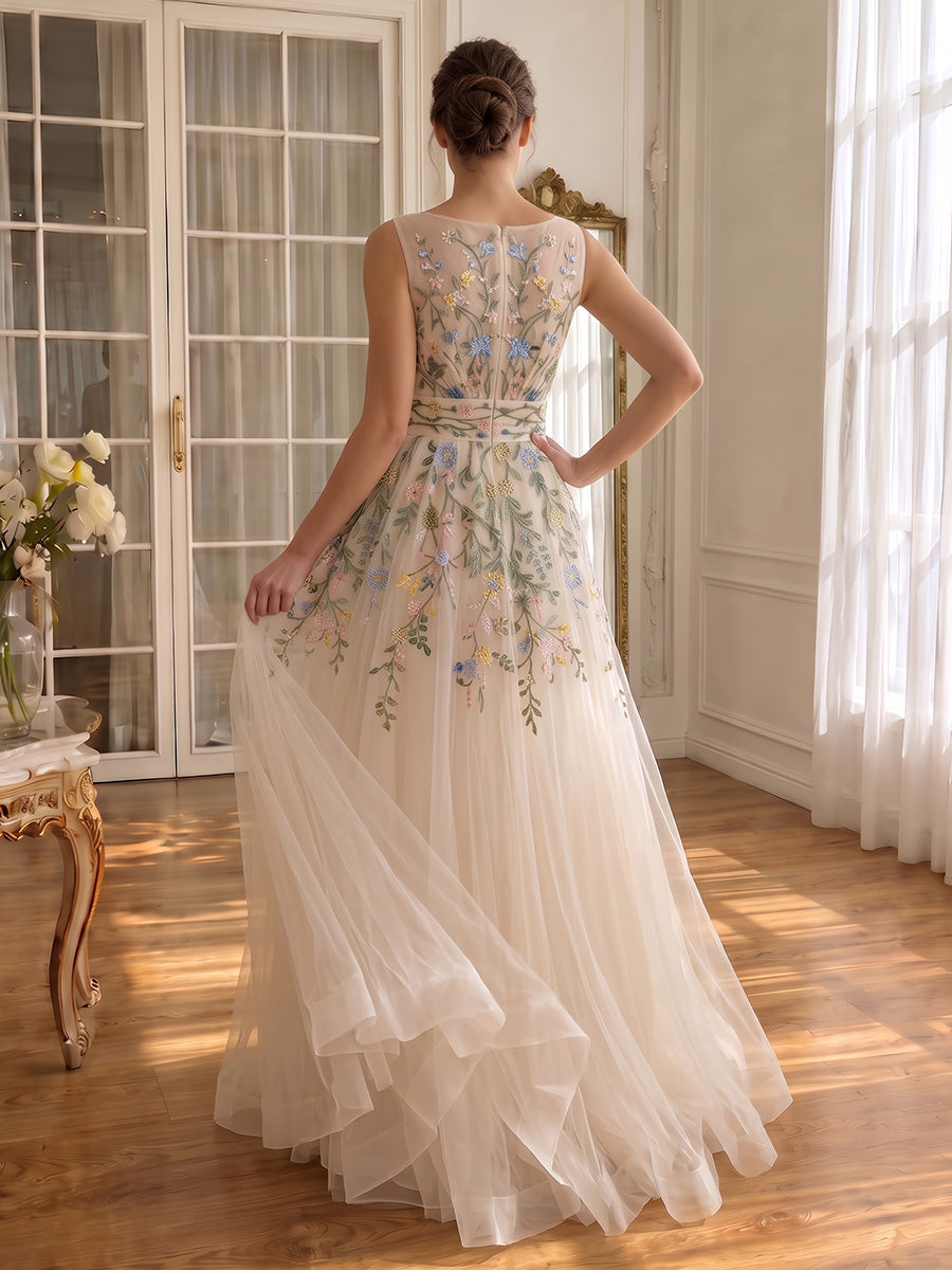 Ivory Prom Dresses Floral Embroidery Sleeveless Boat Neck Tulle A Line Long Formal Gowns for Wedding