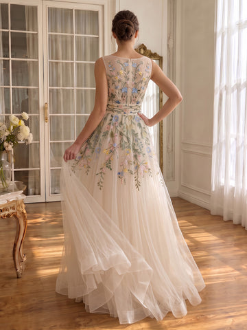 Ivory Prom Dresses Floral Embroidery Sleeveless Boat Neck Tulle A Line Long Formal Gowns for Wedding