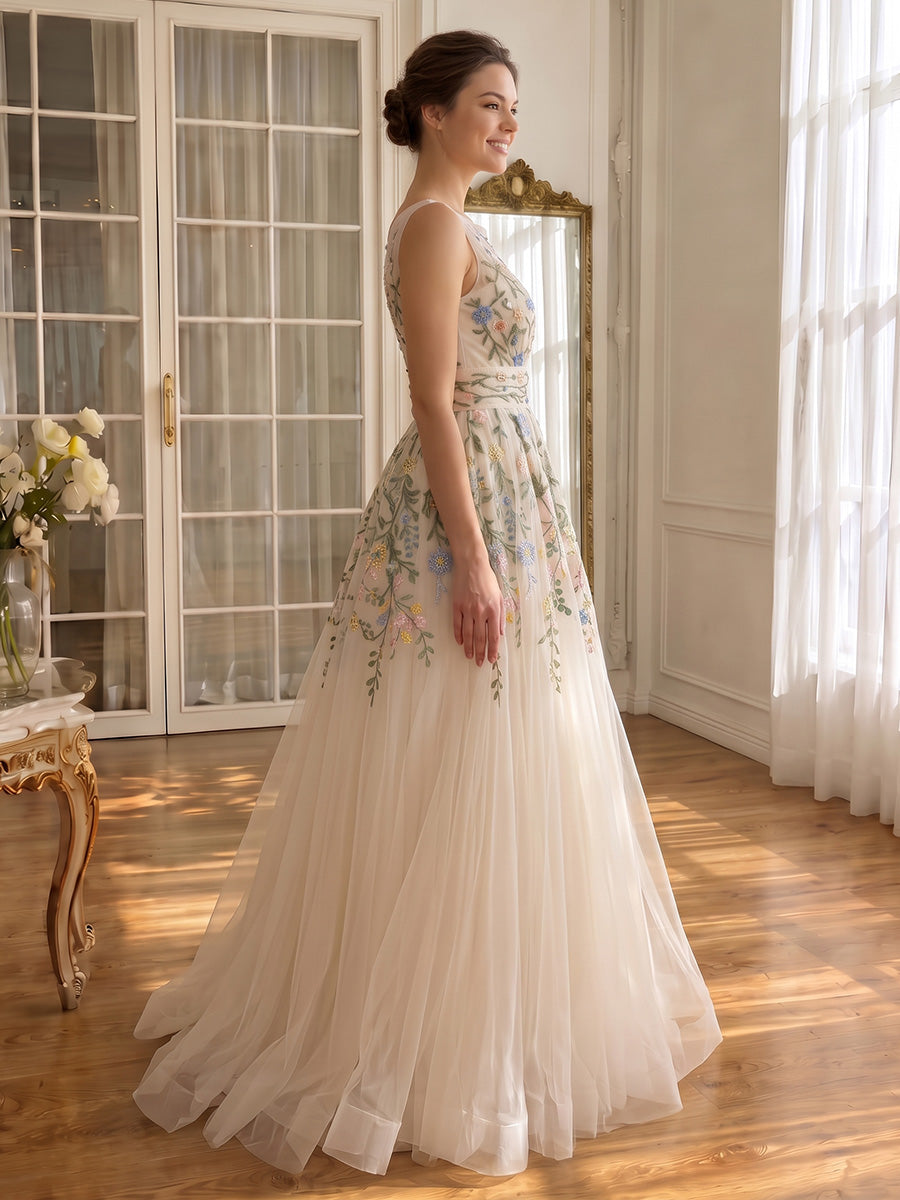 Ivory Prom Dresses Floral Embroidery Sleeveless Boat Neck Tulle A Line Long Formal Gowns for Wedding