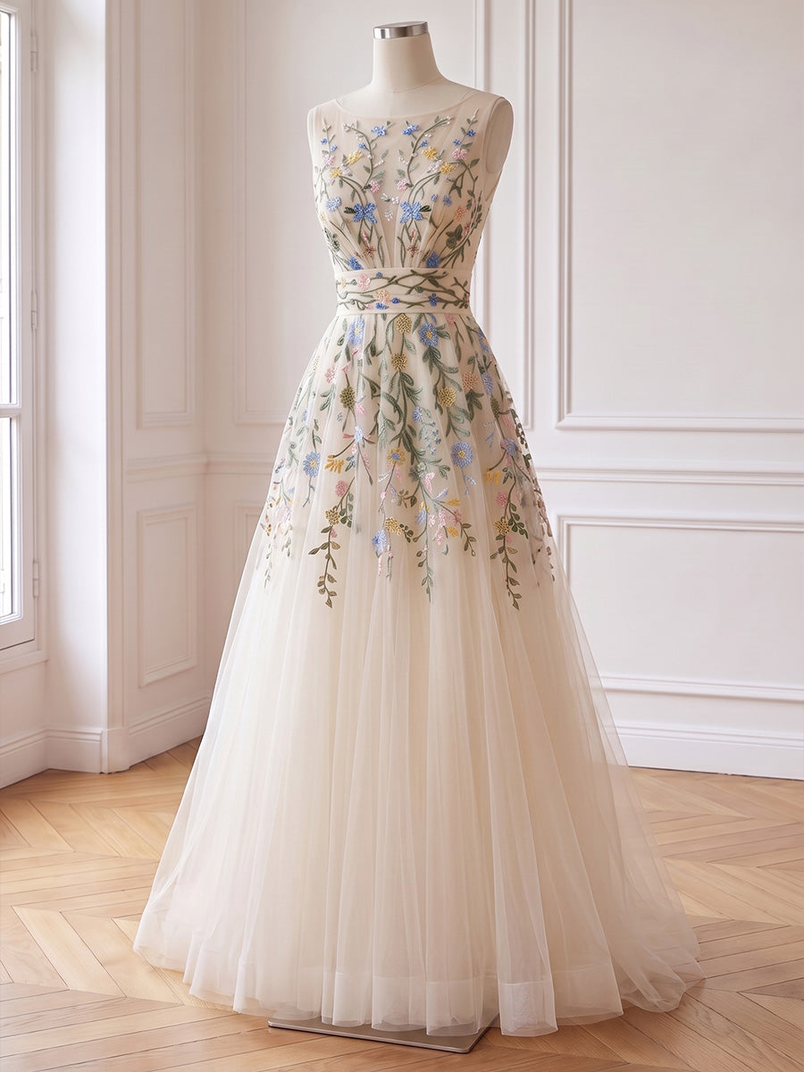Ivory Prom Dresses Floral Embroidery Sleeveless Boat Neck Tulle A Line Long Formal Gowns for Wedding