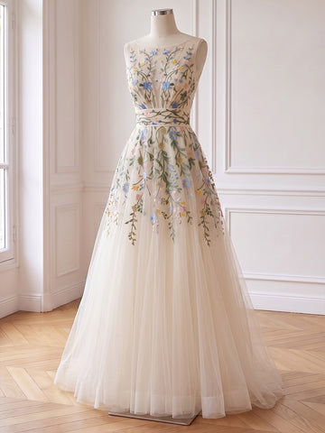 Ivory Prom Dresses Floral Embroidery Sleeveless Boat Neck Tulle A Line Long Formal Gowns for Wedding