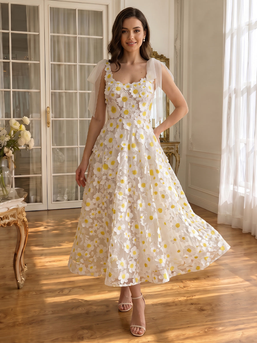 3D Daisy Floral Applique Tulle Prom Dresses Midi Length Bow Straps White Party Dresses
