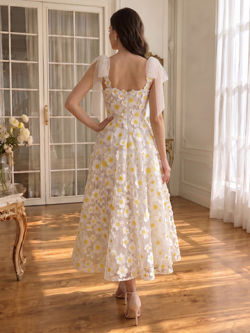 3D Daisy Floral Applique Tulle Prom Dresses Midi Length Bow Straps White Party Dresses