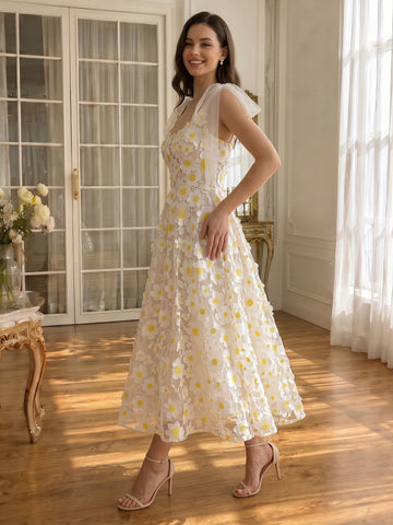 3D Daisy Floral Applique Tulle Prom Dresses Midi Length Bow Straps White Party Dresses