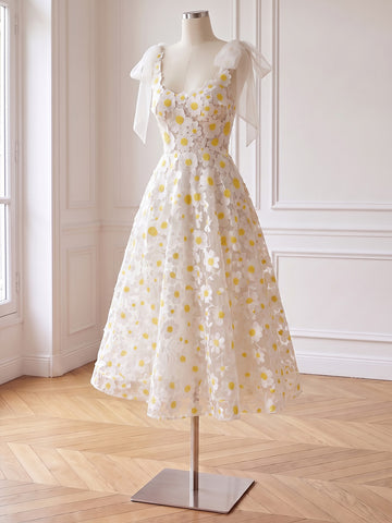 3D Daisy Floral Applique Tulle Prom Dresses Midi Length Bow Straps White Party Dresses