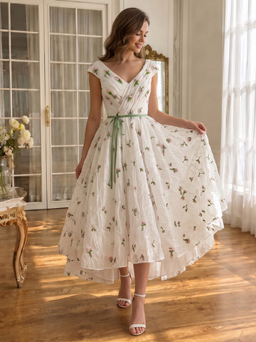 Prom Dresses Floral Embroidery V Neck Cap Sleeve High Low Gowns for Photoshoot Birthday Party
