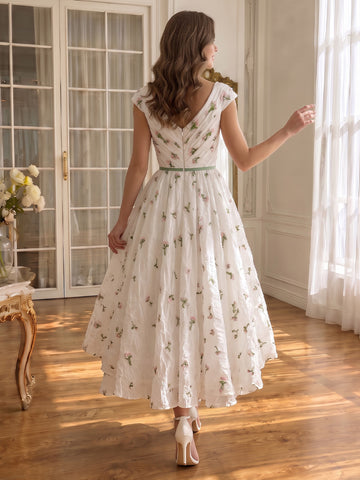 Prom Dresses Floral Embroidery V Neck Cap Sleeve High Low Gowns for Photoshoot Birthday Party
