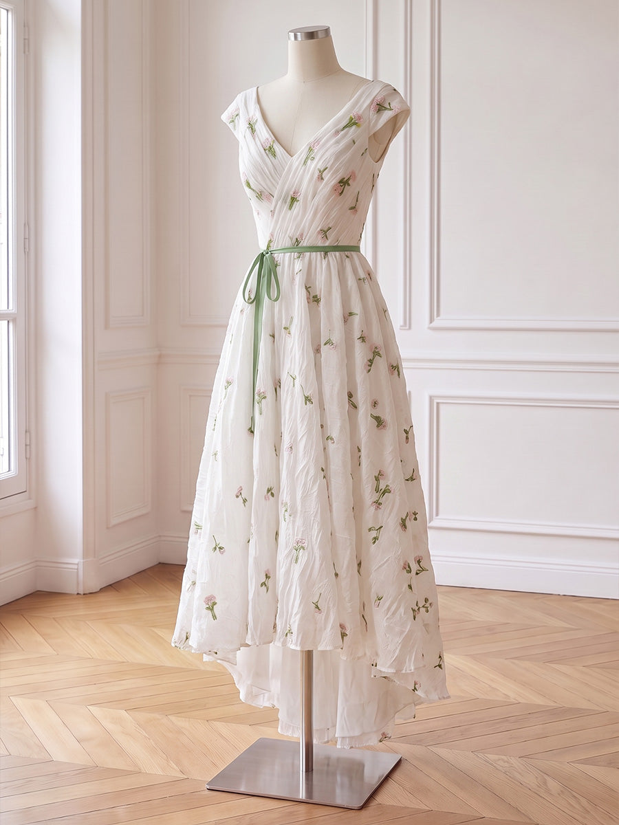 Prom Dresses Floral Embroidery V Neck Cap Sleeve High Low Gowns for Photoshoot Birthday Party