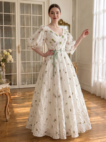 Floral Embroidery Prom Dresses V Neck Half Sleeve Long Gowns for Photoshoot Birthday Party