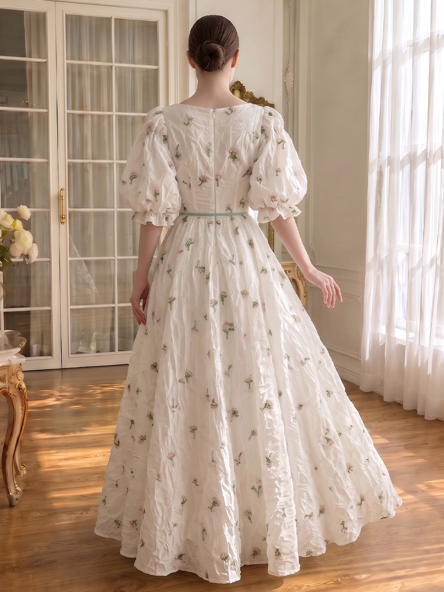 Floral Embroidery Prom Dresses V Neck Half Sleeve Long Gowns for Photoshoot Birthday Party