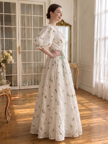 Floral Embroidery Prom Dresses V Neck Half Sleeve Long Gowns for Photoshoot Birthday Party